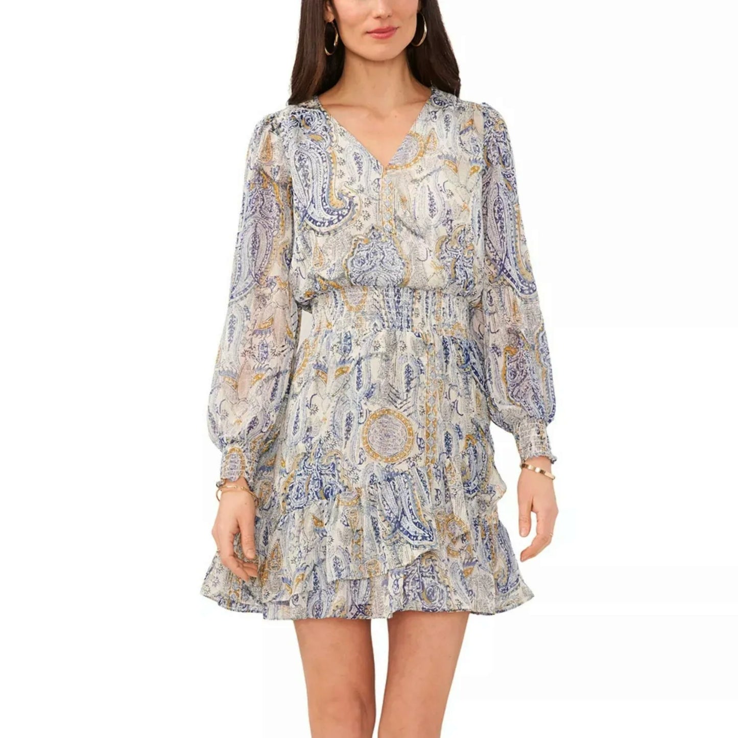 Vince Camuto Women's Parsley Print Ruffle Hem Smocked-Waist Long Sleeve Mini Dress