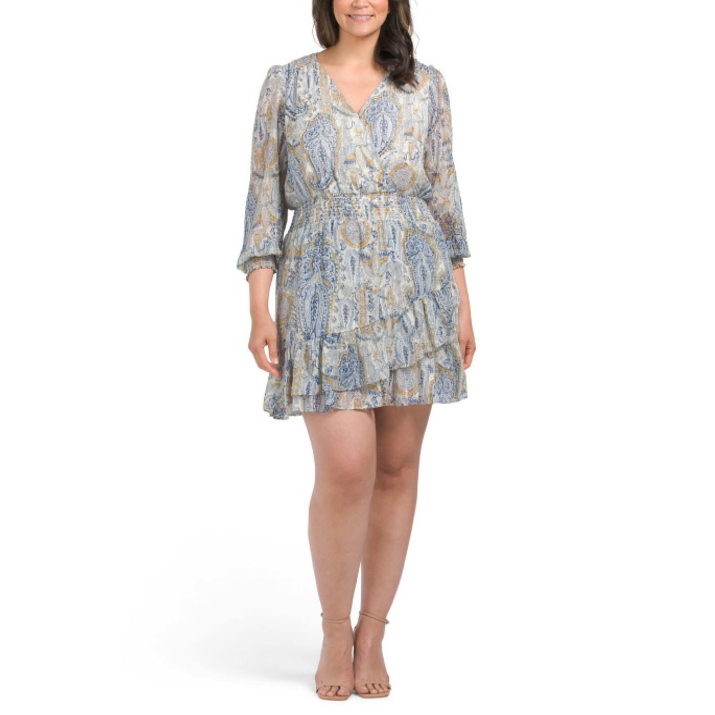 Vince Camuto Women's Parsley Print Ruffle Hem Smocked-Waist Long Sleeve Mini Dress