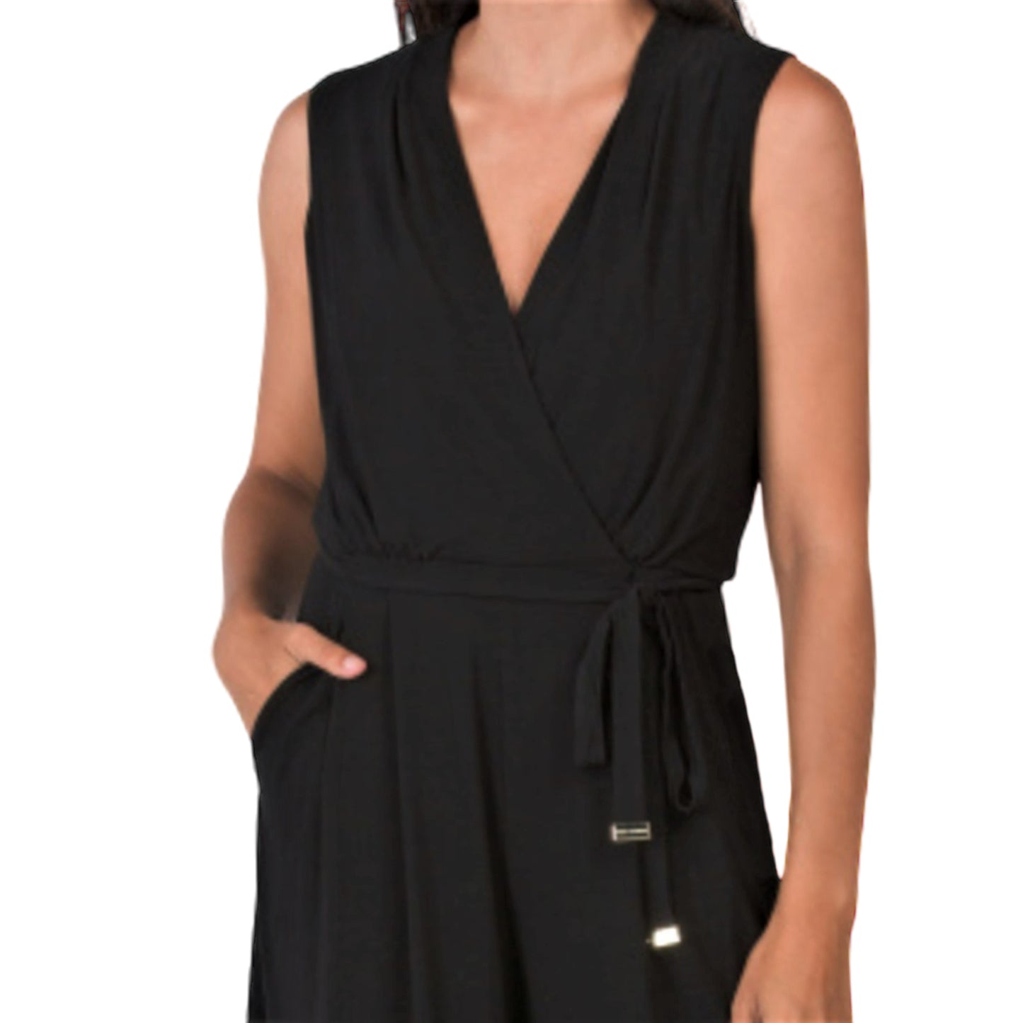 Vince Camuto Women's Surplice Front Pleated Wide Leg Mid-Length Jumpsuit