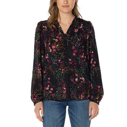 Well Worn Women's Floral Print Ruffle Neck Lightweight Button Front Blouse