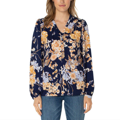Well Worn Women's Floral Print Ruffle Neck Lightweight Button Front Blouse