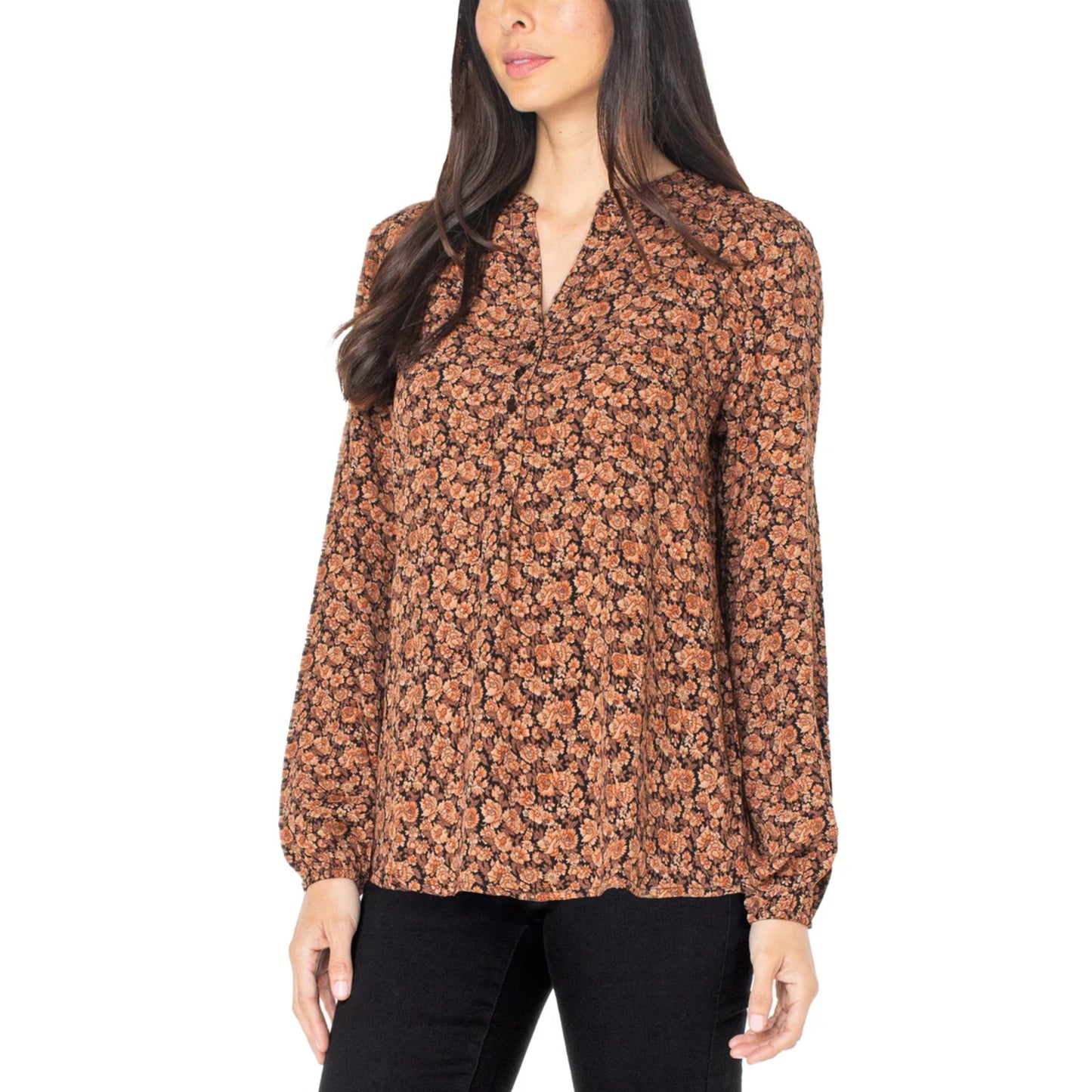 Well Worn Women's Floral Print Split Neck Long Sleeve Blouse