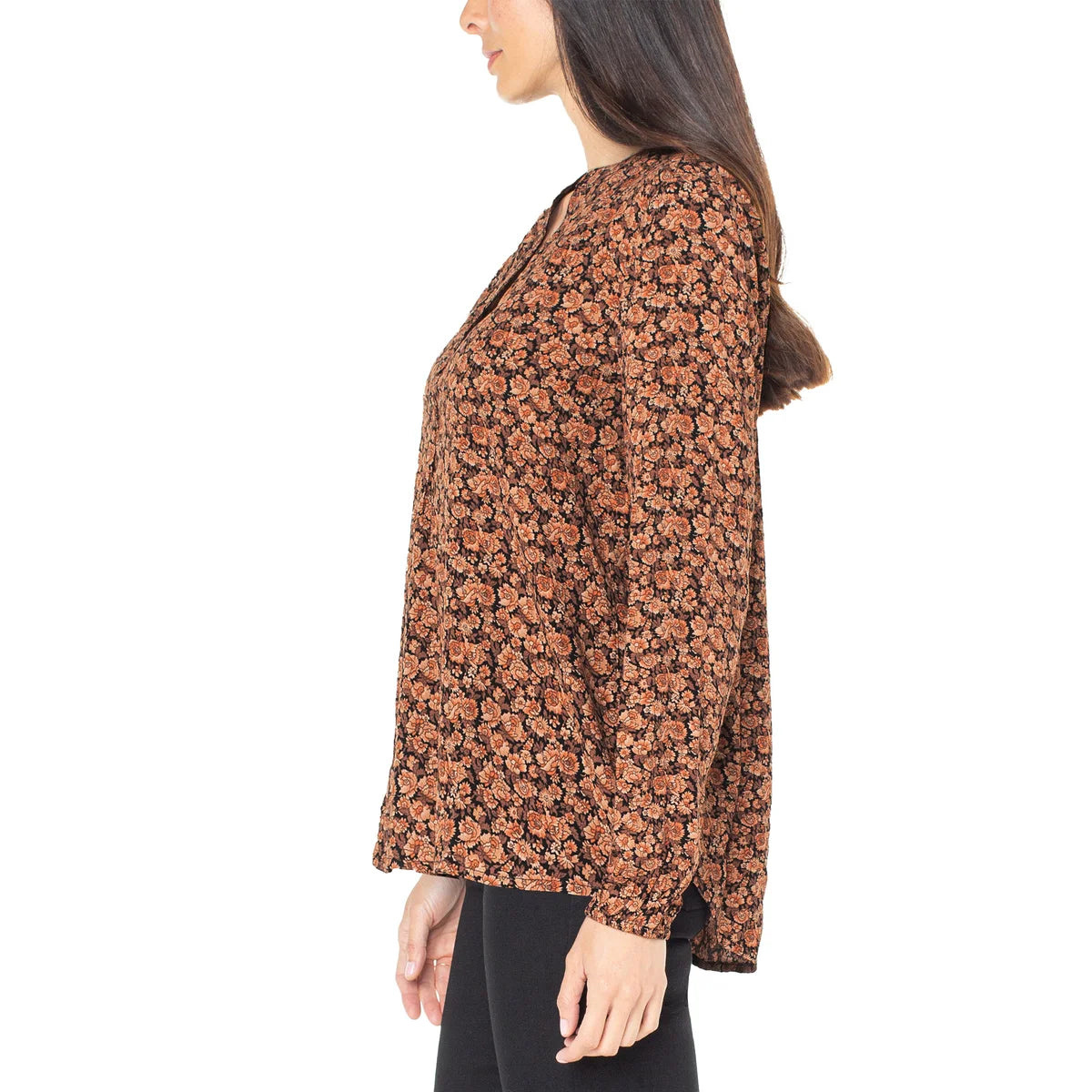 Well Worn Women's Floral Print Split Neck Long Sleeve Blouse