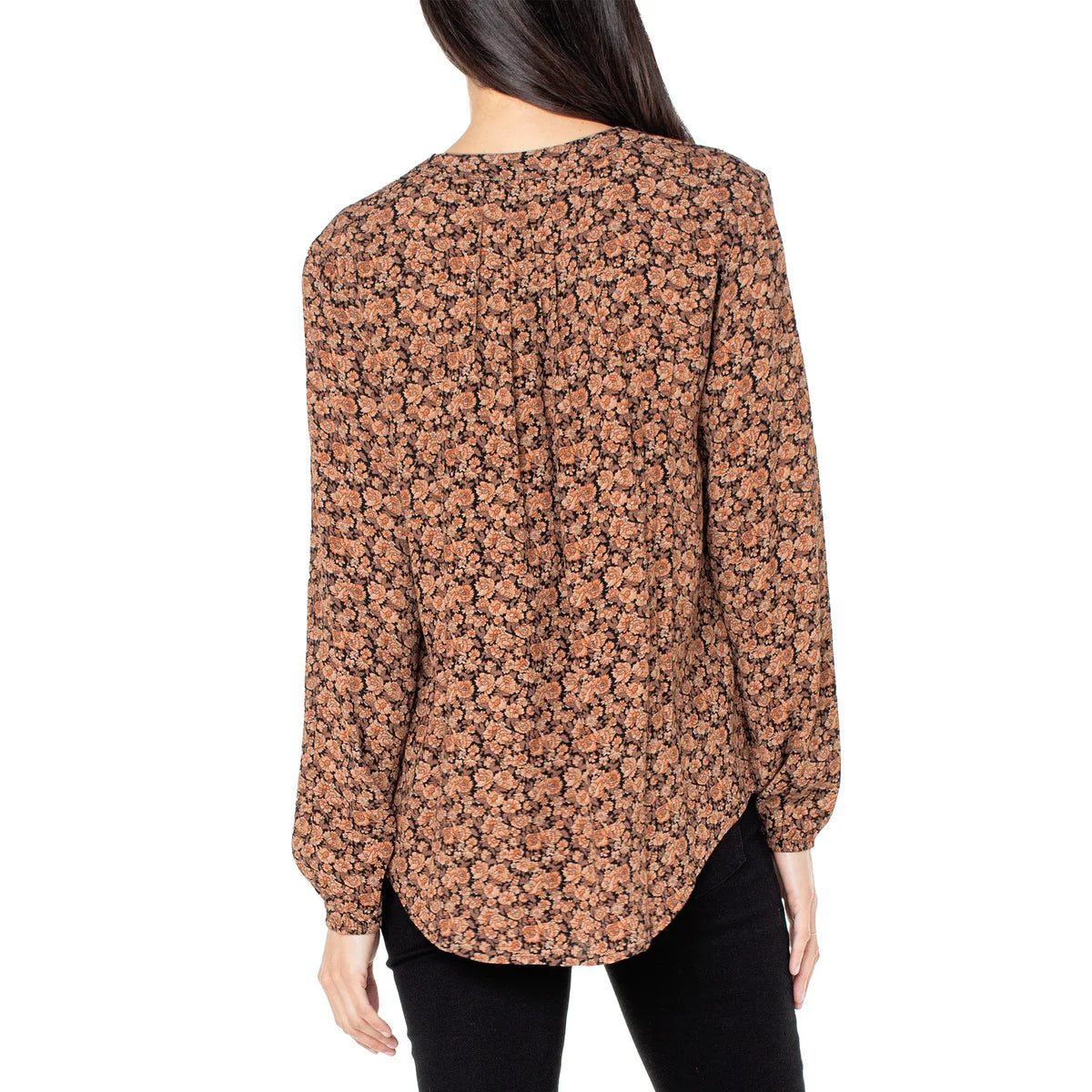Well Worn Women's Floral Print Split Neck Long Sleeve Blouse