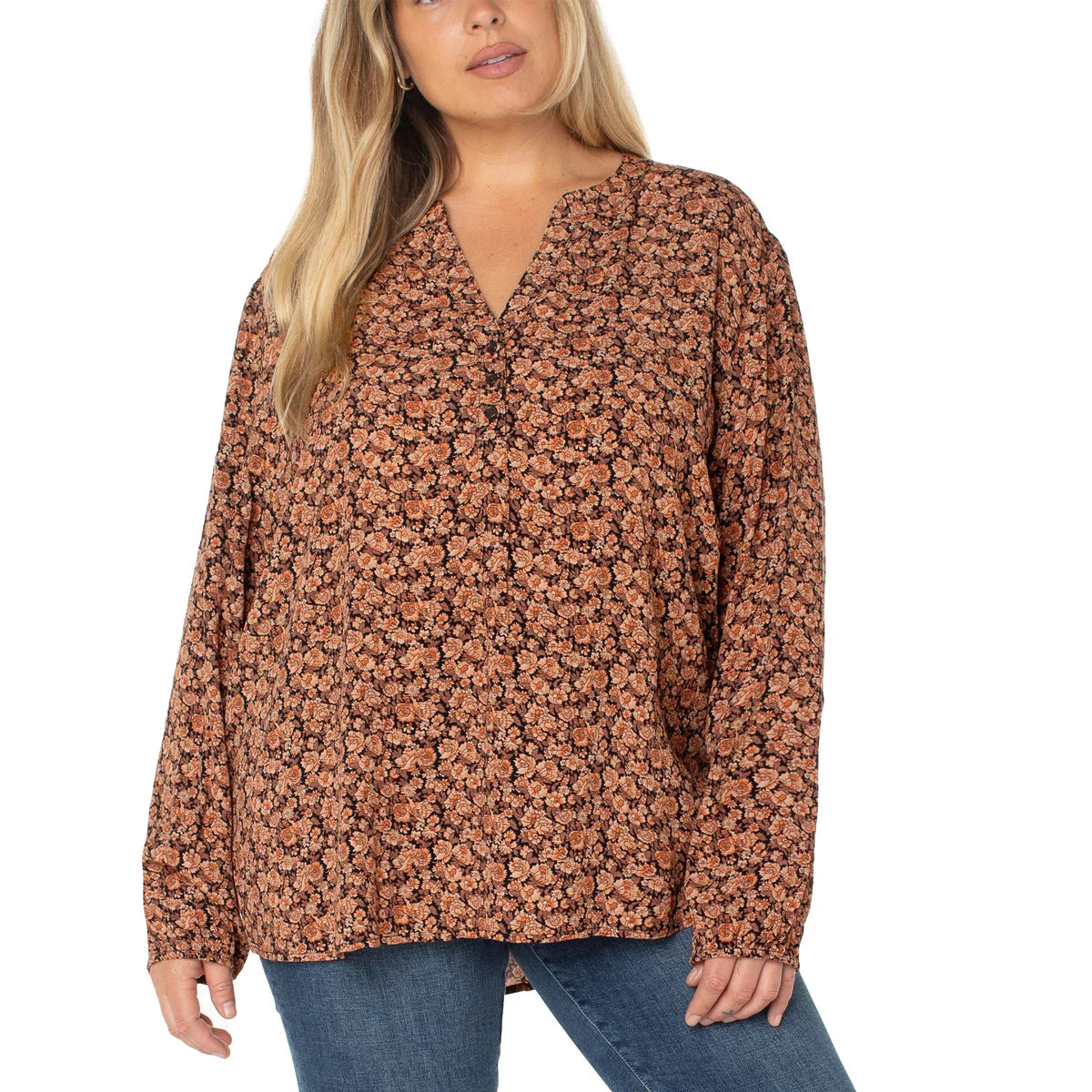Well Worn Women's Floral Print Split Neck Long Sleeve Blouse