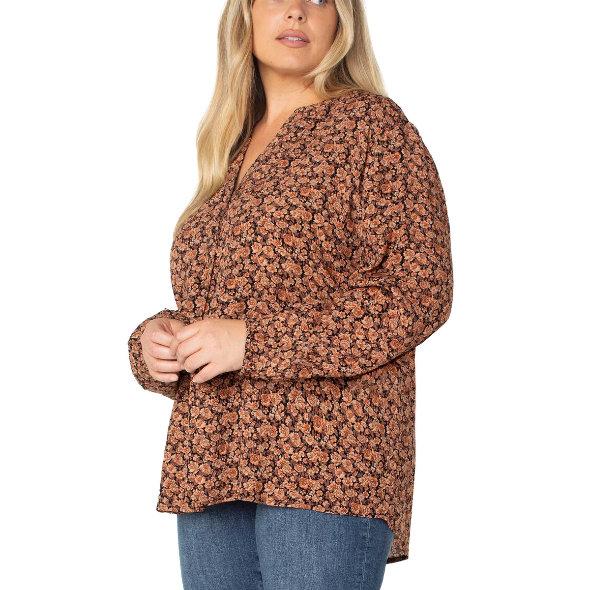Well Worn Women's Floral Print Split Neck Long Sleeve Blouse