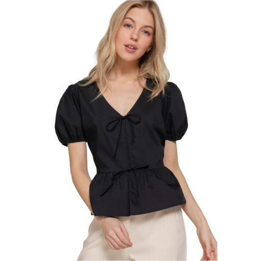 Women's Cotton Blend Short Puff Sleeve Tied Poplin Top Blouse