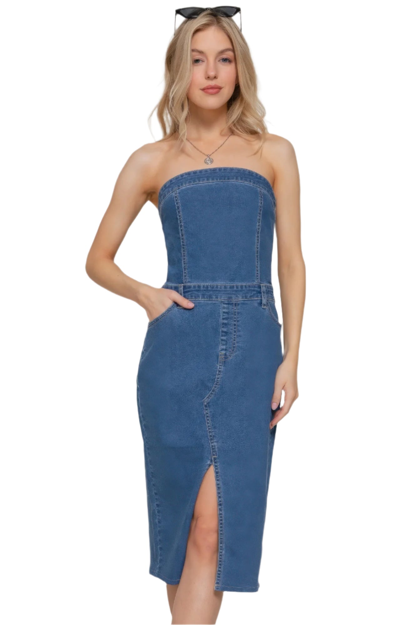 Women Stretch Denim Front Slit Tube Maxi Dress Letay Store Women Stretch Denim Front Slit Tube Maxi Dress Letay Store