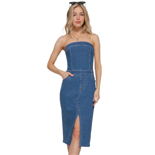 Women Stretch Denim Front Slit Tube Maxi Dress