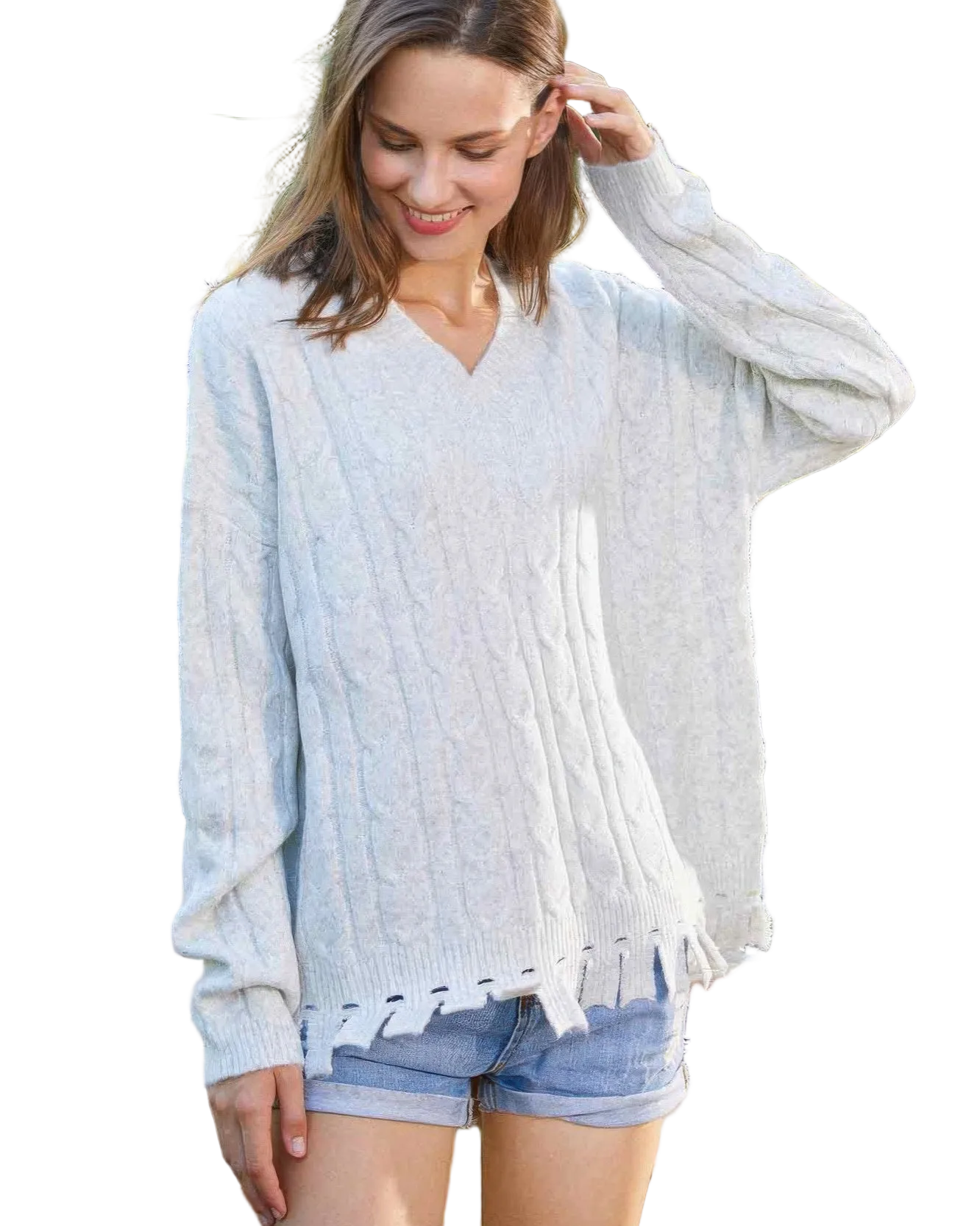 This plush women's sweater features a flattering V-neck, full long sleeves, and slit hem for easy wear. Crafted in an acrylic-poly-mohair blend for elevated softness, it's a go-to for autumn transitions, chilly winter evenings, smart-casual occasions, or effortless chic layering in solid neutral tones.