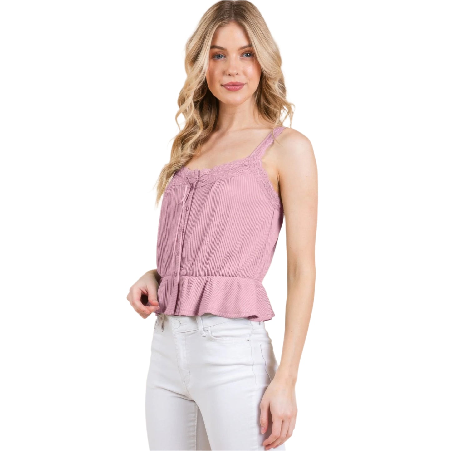 Women's Lace Peplum Tie Front Ribbed Cami Top