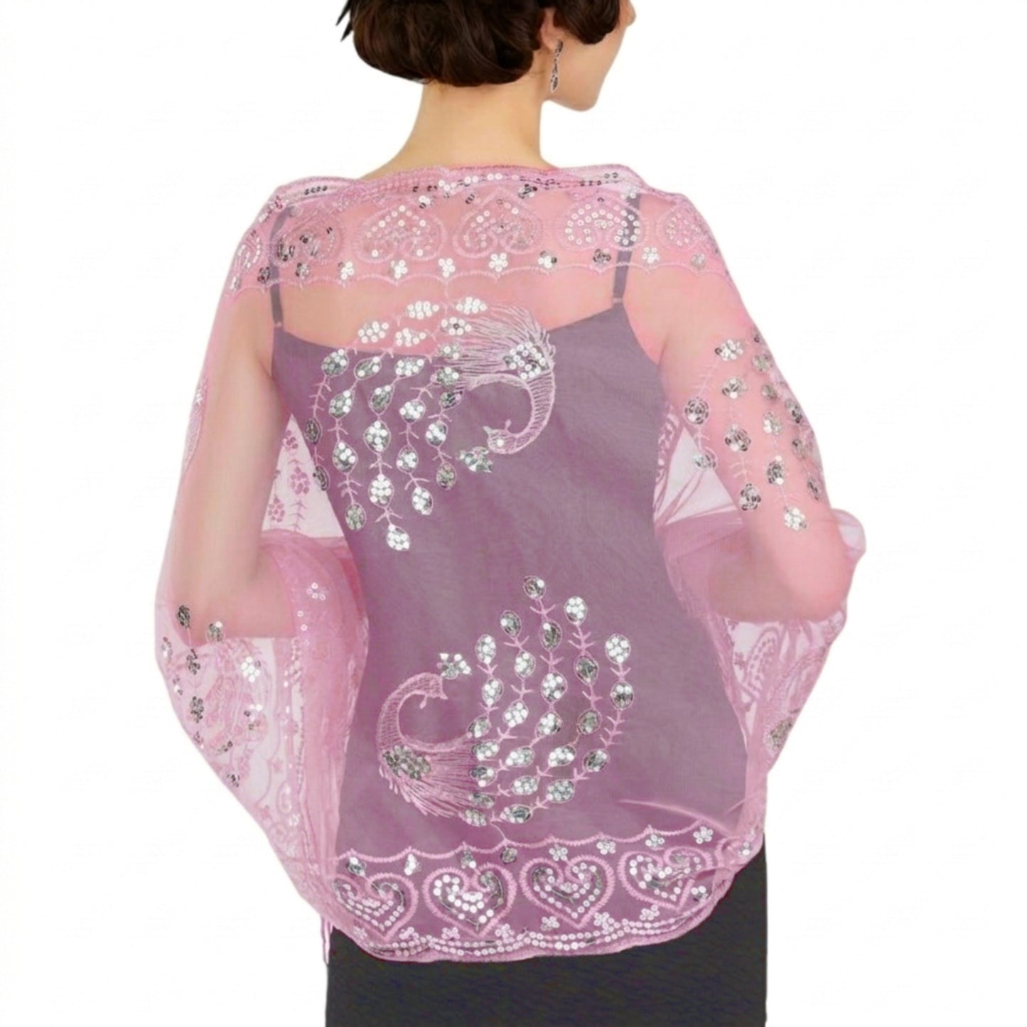 Women's Peacock Heart Sequin Fringed Party Evening Shawl