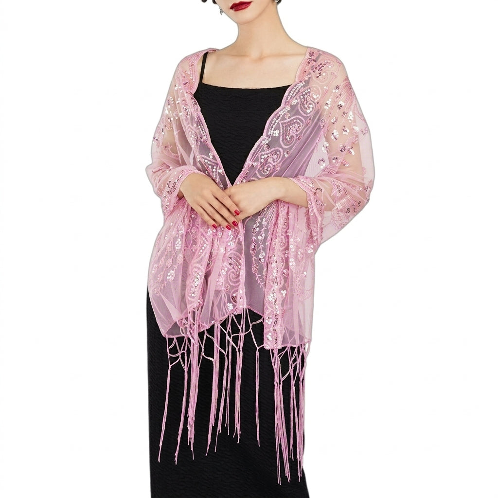 Women's Peacock Heart Sequin Fringed Party Evening Shawl