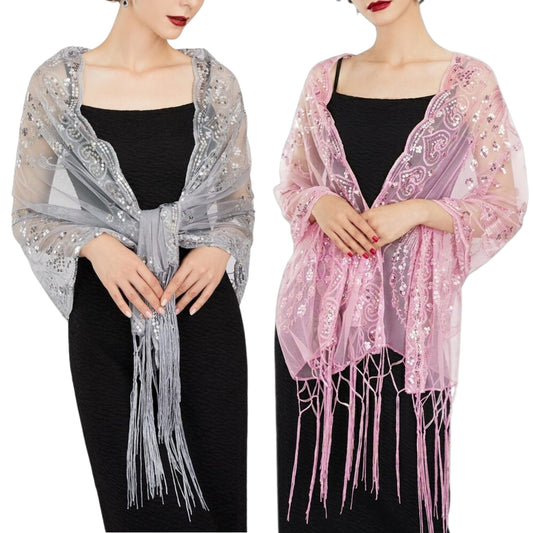 Women's Peacock Heart Sequin Fringed Party Evening Shawl