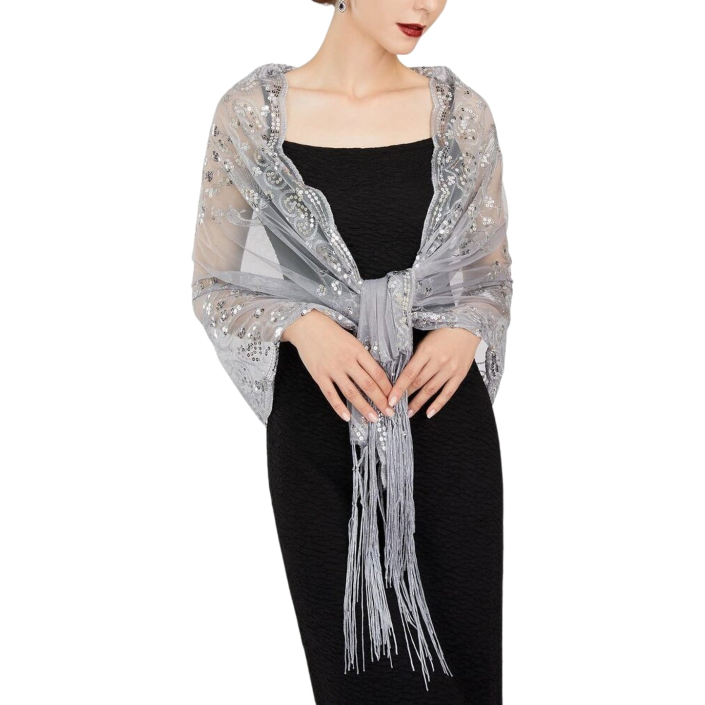 Women's Peacock Heart Sequin Fringed Party Evening Shawl