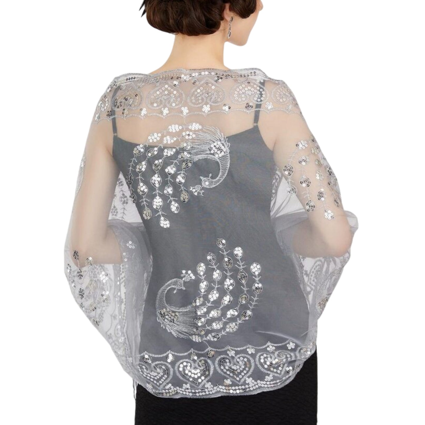 Women's Peacock Heart Sequin Fringed Party Evening Shawl