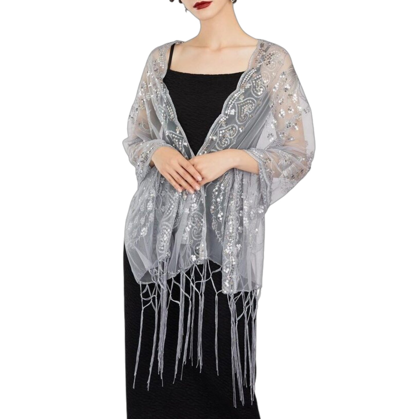 Women's Peacock Heart Sequin Fringed Party Evening Shawl