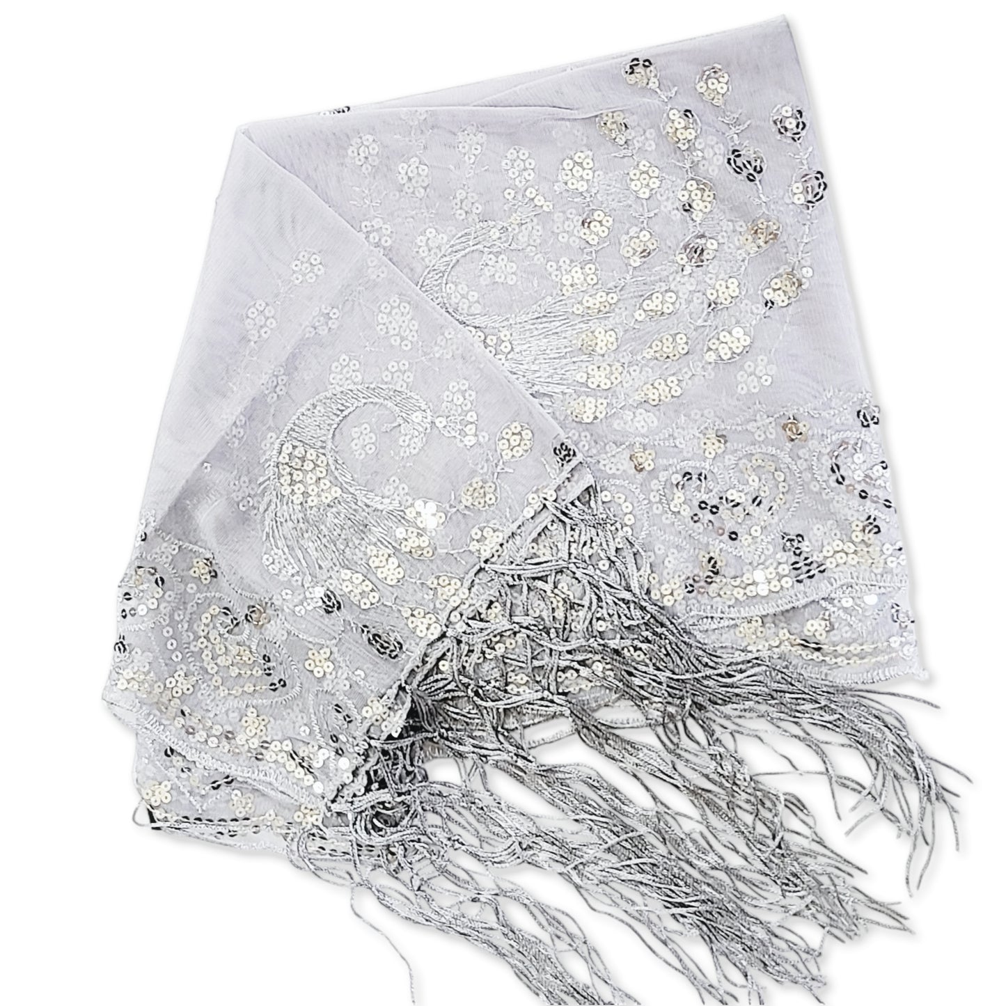 Women's Peacock Heart Sequin Fringed Party Evening Shawl