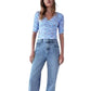 Zara Floral Print V Neck Elbow Sleeve Ruched Cropped Top