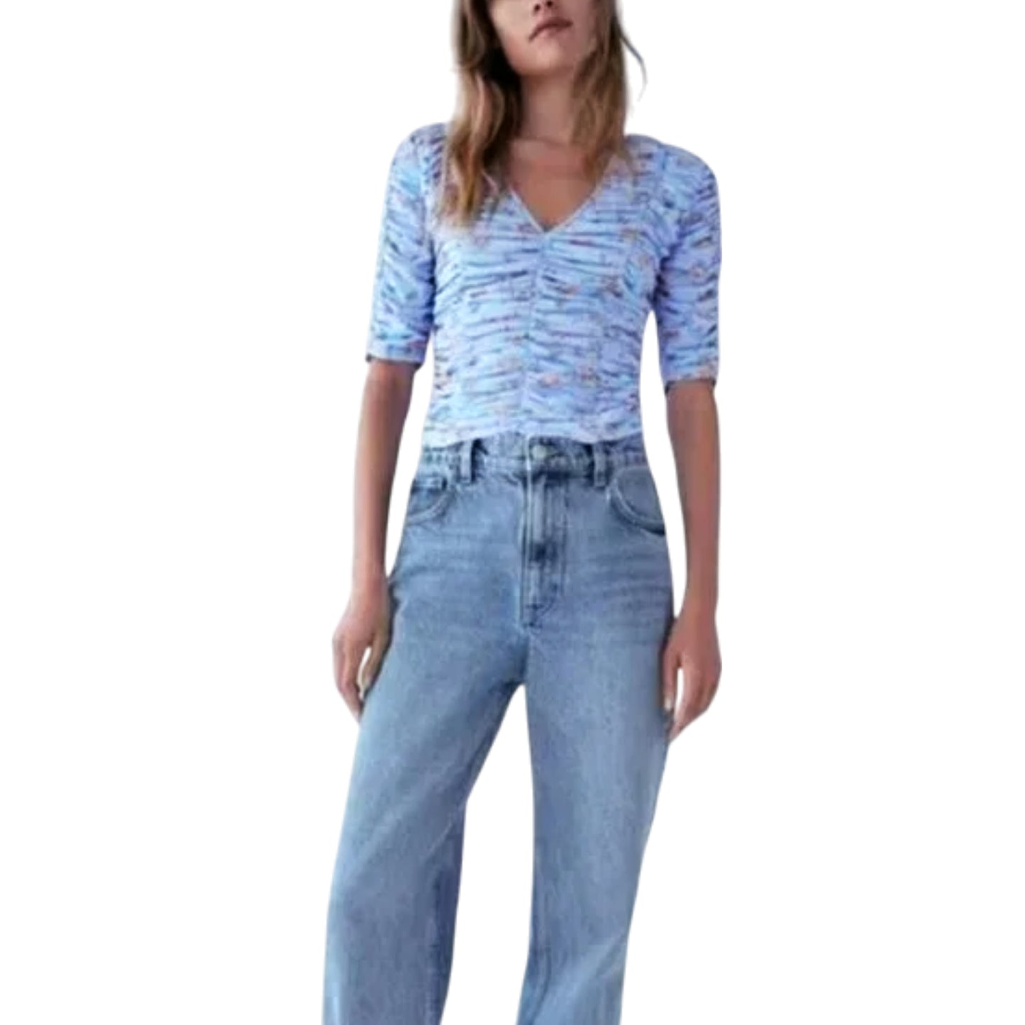 Zara Floral Print V Neck Elbow Sleeve Ruched Cropped Top