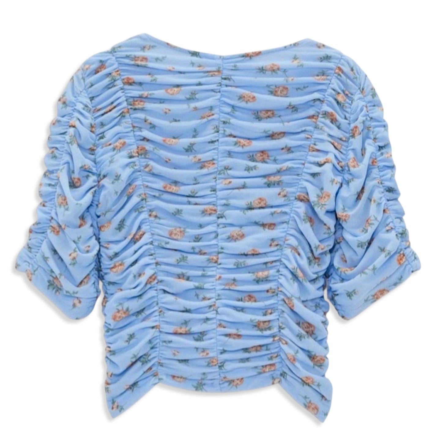 Zara Floral Print V Neck Elbow Sleeve Ruched Cropped Top