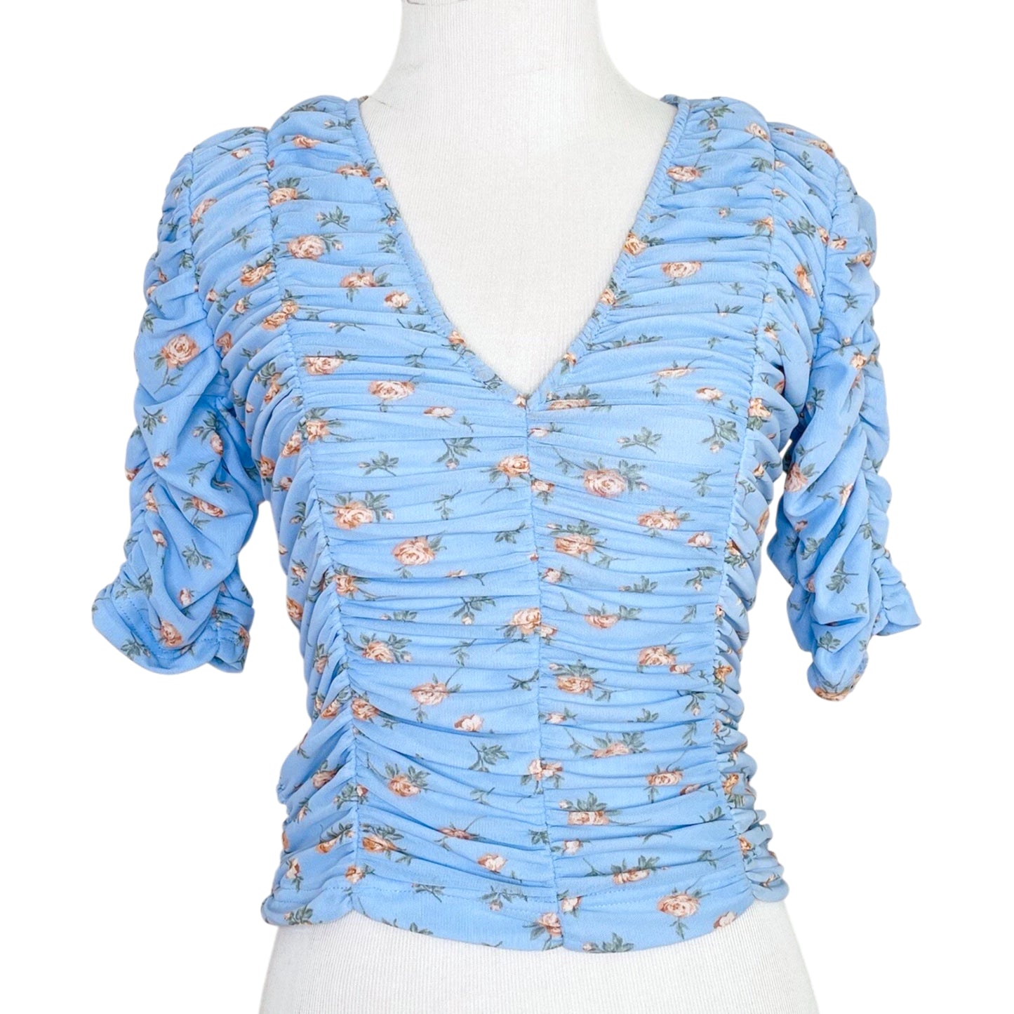 Zara Floral Print V Neck Elbow Sleeve Ruched Cropped Top