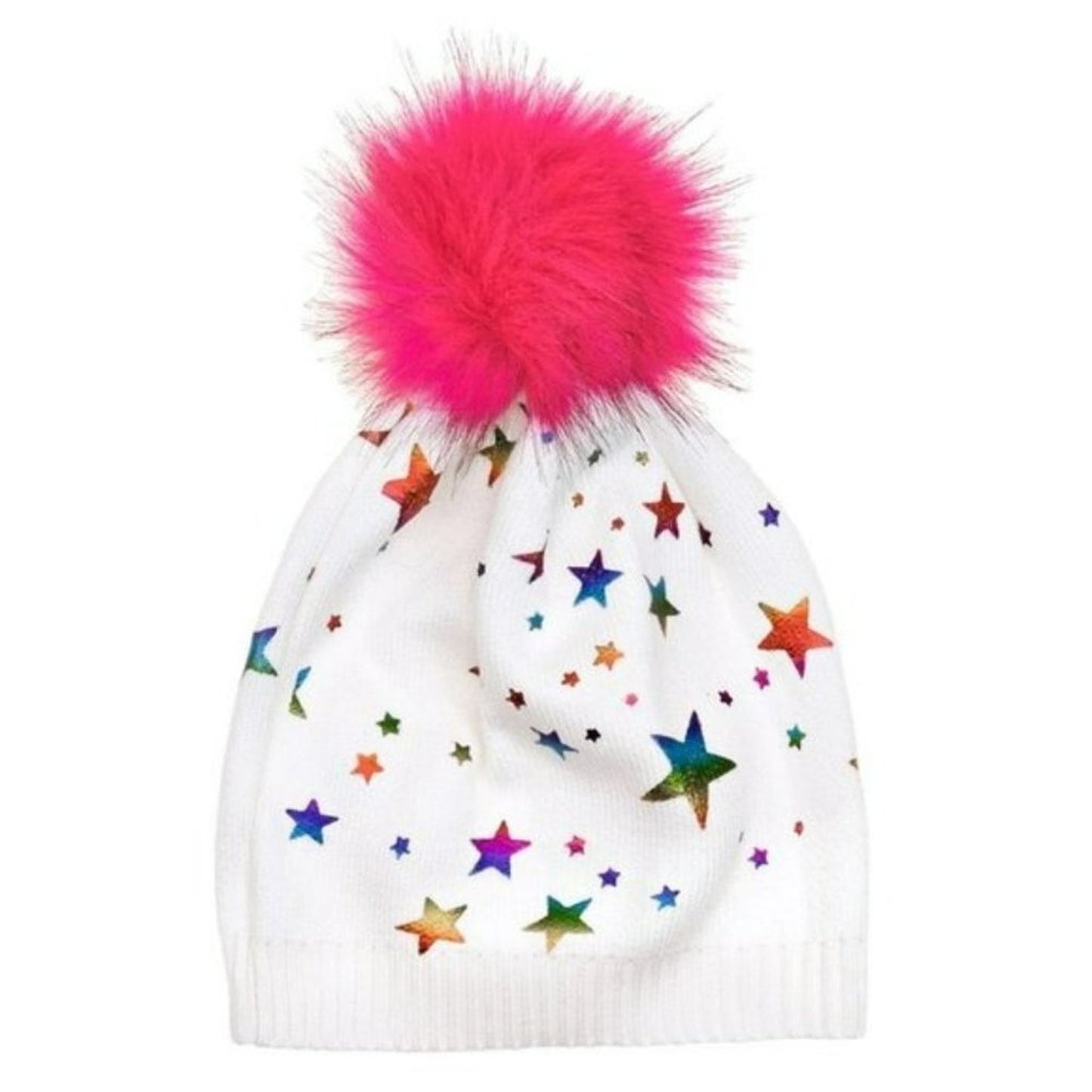 Maniere Girls Foil Star  Fur Pom Pom Beanie Winter Hat