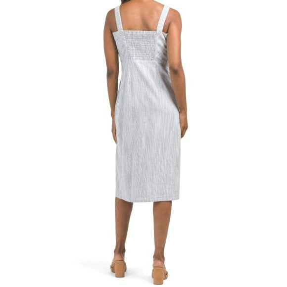 Tahari Linen Strappy Button Closure Stretch Striped Midi Dress