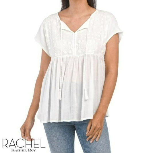 Rachel Roy Embroidered Yoke Metallic Accent Lightweight Blouse Tunic Top