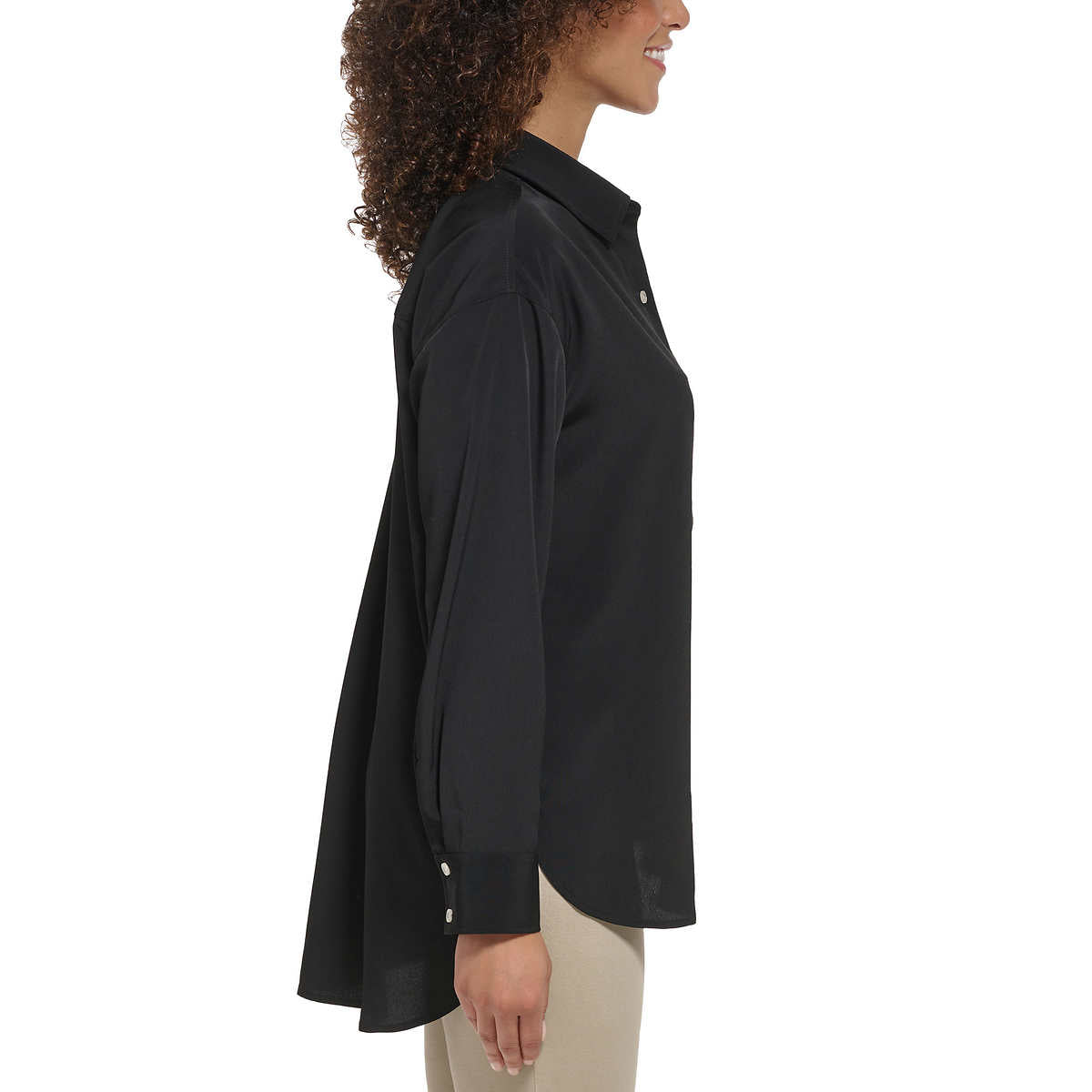 Karl Lagerfeld Women's High-Low Hem Button Front Shirt Long Sleeve Tunic Blouse
