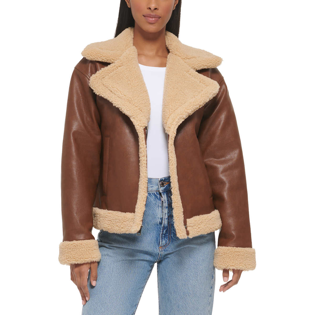 Levi's Women's Faux Leather Sherpa Trim Trucker Jacket