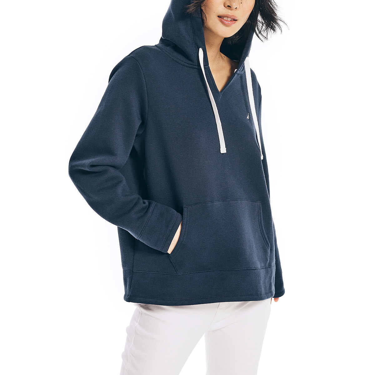 Nautica Women's V-Neck Kangaroo Front Pocket Sweatshirt Cotton Blend Hoodie