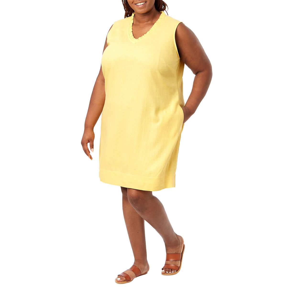 Briggs Women's Ruffle Trim V-Neck Linen Blend Side Pockets Mini Dress