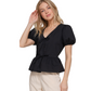Letay Store black cotton blend V-neck peplum top with short puff sleeves and front tie detail.
