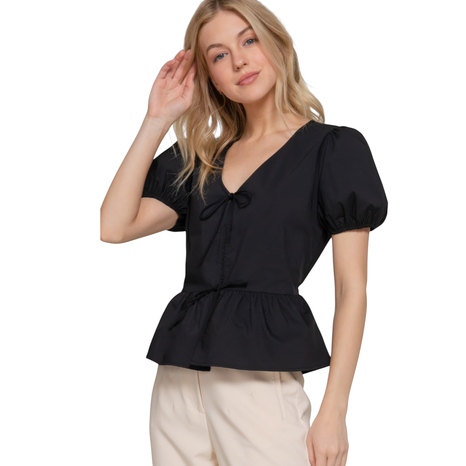 Letay Store black cotton blend V-neck peplum top with short puff sleeves and front tie detail.