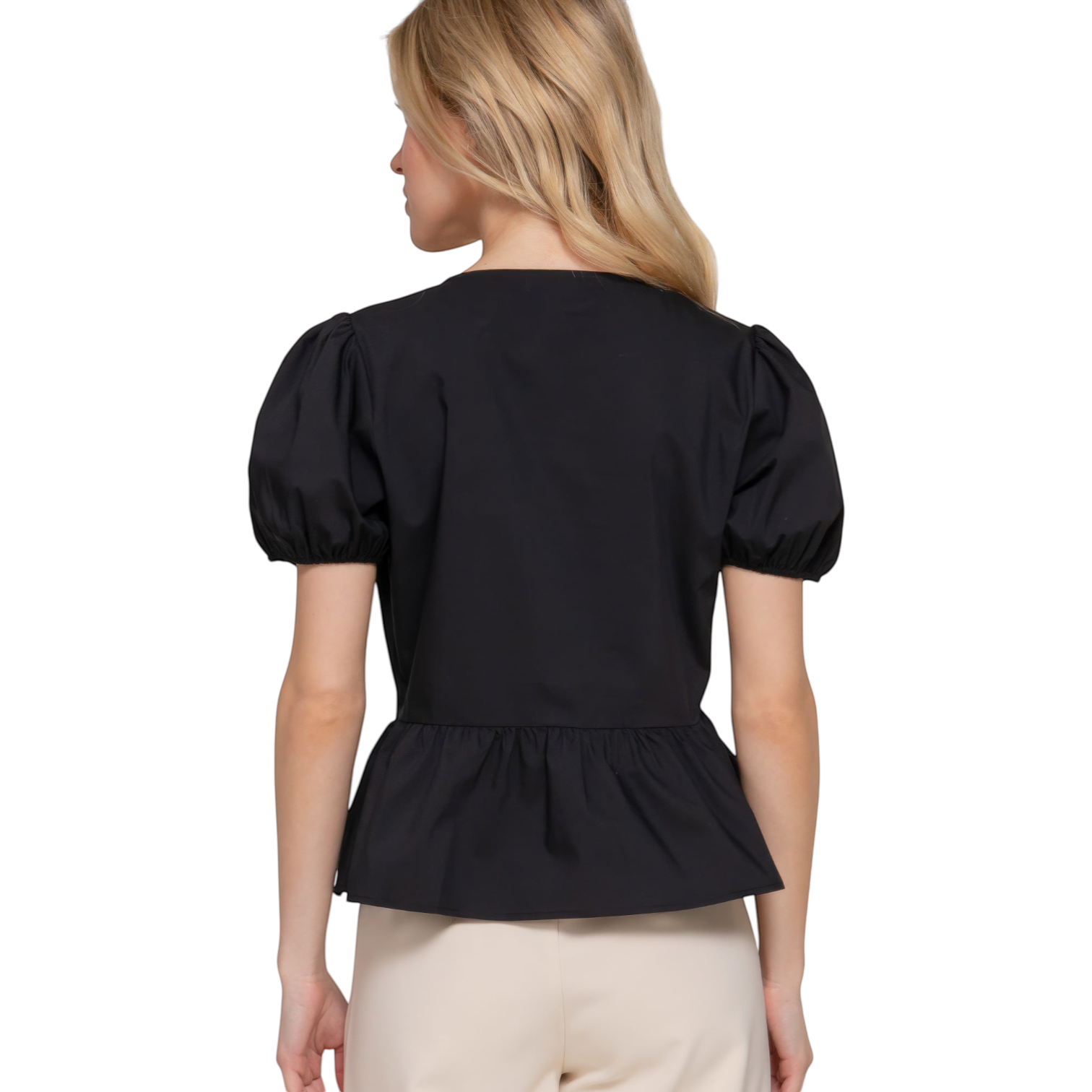 Letay Store black cotton blend short puff sleeve peplum blouse with V-neck and tie detail