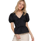 Letay Store black cotton blend V-neck puff sleeve peplum top with tie detail