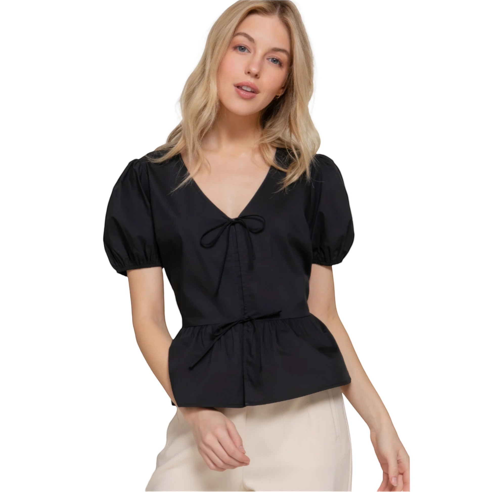 Letay Store black cotton blend V-neck puff sleeve peplum top with tie detail