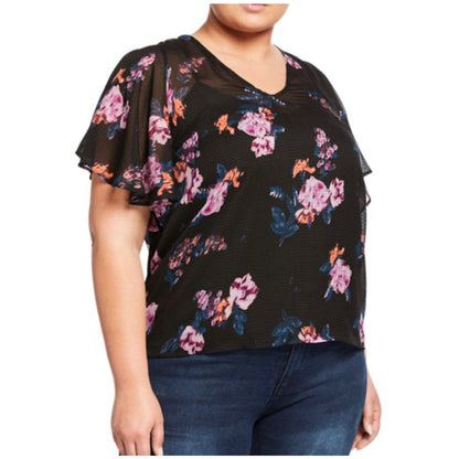 RACHEL Rachel Roy Women's Plus Flutter Sleeves Floral Print Blouse Top
