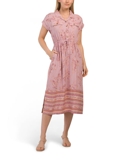 Lucky Brand Women's Border Floral Print Button Front Shirt Midi Dress