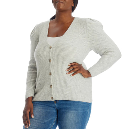 1.STATE Women's Plus Puff Long Sleeve Button Front Top Soft Knit Cardigan