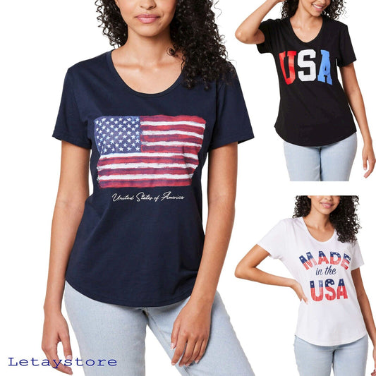 General Standard Women's USA Graphic Print Tee Cotton Americana Patriotic T-Shirt