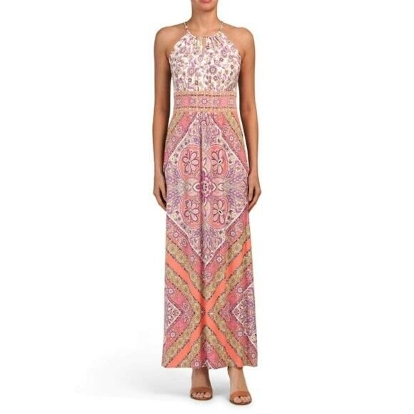 London Times Halter neck Provincial Patch Printed Maxi Dress