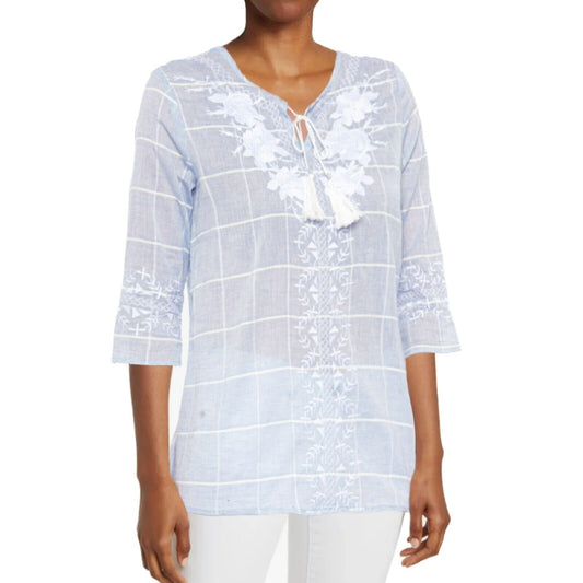 PAPARAZZI Women's Embroidered Tassels Tie Cotton Blouse Tunic