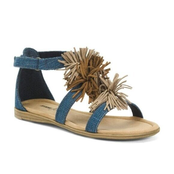 NWT Minnetonka Girl's Denim Suede Pom-pom Fringe Sandals  Size: 1,2