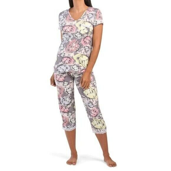 JOAN VASS Super Soft Floral Print Lace Trim Pj Tee & Capri Pajama Set