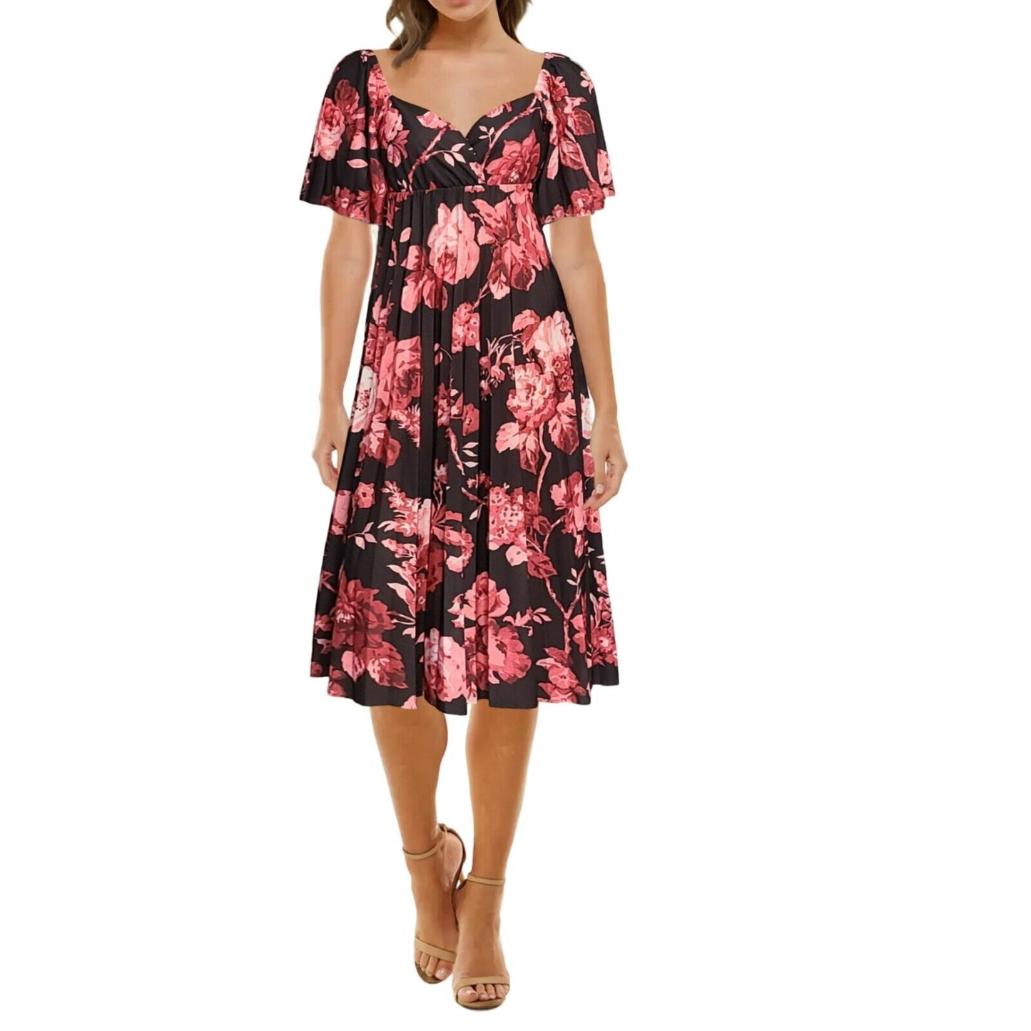 ASOS Floral Print Twist Cut Out Back Flatter Sleeves Pleated Midi Dress