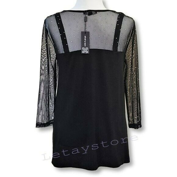 CABLE & GAUGE Mesh Yoke Rhinestone Hi-low Hem Blouse Top