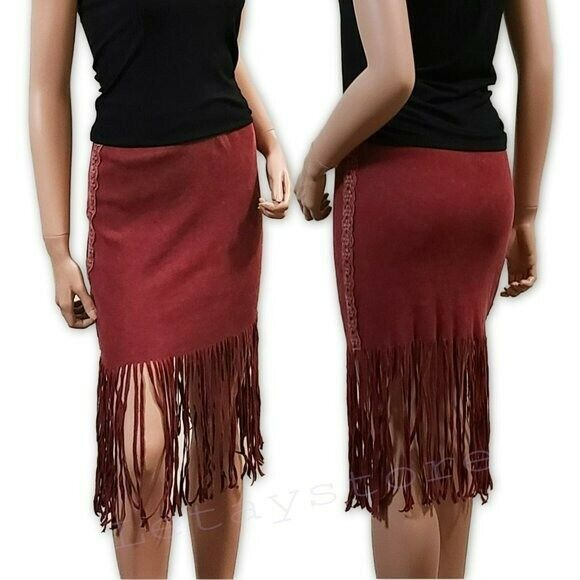 POL Boho Ribbed Cotton Fringe Hem Lace Trim Midi Skirt