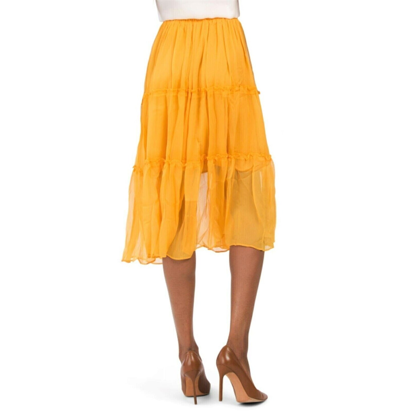 WDNY Tiered Sheer Overlay Ruffle Trim Elastic Waist Flowy Midi Skirt